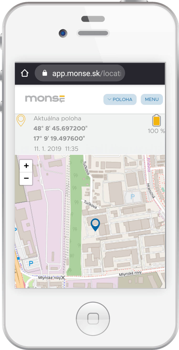 MONSE ukážka mapy na mobile